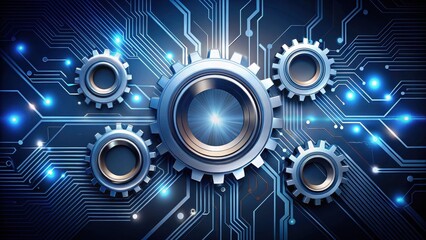 Obraz premium Interconnected Metallic Cogwheels on a Futuristic Circuit Board Background, Symbolizing Technological Synergy and Precision Engineering