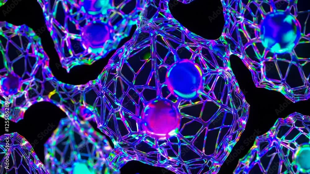 Aufkleber glowing biological cells with vibrant energy cores, creating a futuristic and microscopic sci-fi atm