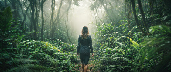 Eine formelle Gesch&auml;ftsfrau von hinten l&auml;uft auf einem Pfad in einem Dschungel