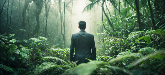 Ein formeller Gesch&auml;ftsmann im Anzug von hinten steht verloren und verwirrt in einem Dschungel