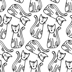 Whimsical Black and White Cat Seamless Pattern - Playful and Adorable Design for Fabric, Stationery, and Creative Projects