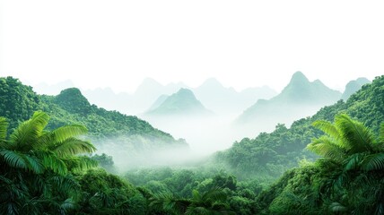 Obraz premium Lush green rainforest with misty mountain backdrop