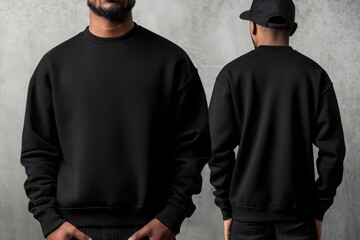Black Crewneck Sweatshirt Mockup:  A stylish black crewneck sweatshirt mockup showcases the garment from both the front and back views on a textured gray backdrop.