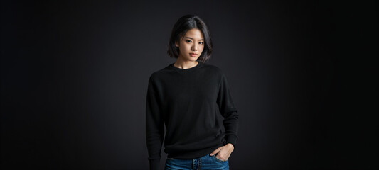 Eine h&uuml;bsche junge asiatische Frau in blauer Jeans und schwarzem Pullover vor dunklem Hintergrund mit Hand in der Hosentasche  - Fashion, Mode