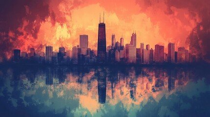 Fototapeta premium Minimalist Chicago skyline in grunge style with reflection.