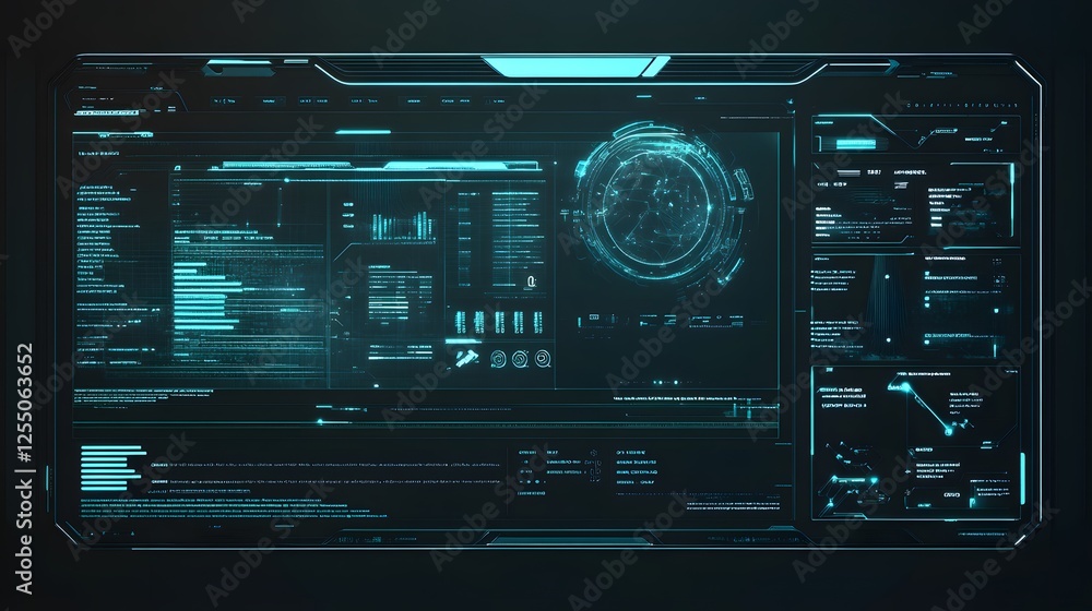 Aufkleber futuristic teal interface displays system data and global network