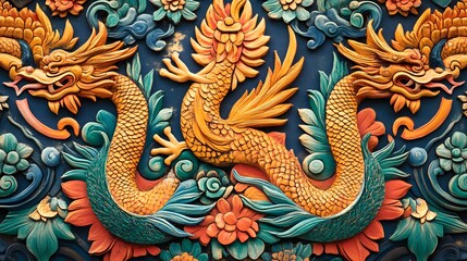 Fototapeta premium Colorful dragon mural, intricate design featuring mythical creature surrounded by floral patterns, suitable for artistic themes.