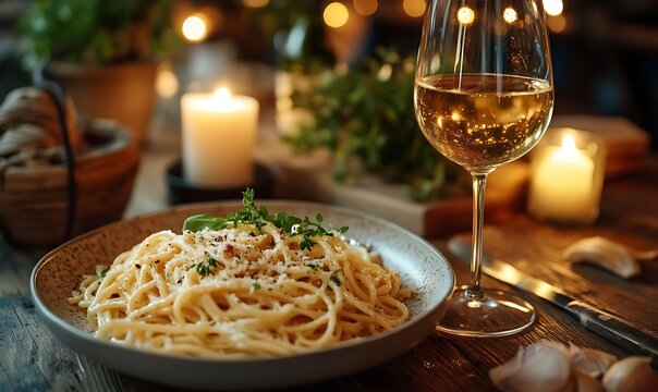 A comforting homemade carbonara meal on a wooden table, with a glass of white wine and a candle in the background, warm tones creating a homely atmosphere, with space for a customizable text