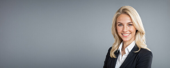 Eine h&uuml;bsche blonde l&auml;chelnde junge frohe Gesch&auml;ftsfrau in formeller Bekleidung vor grauem Hintergrund, Copy Space
