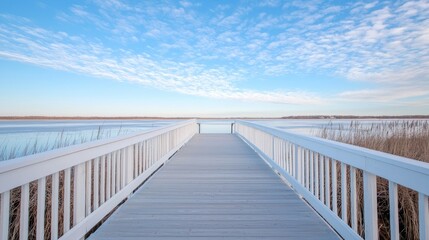 Tranquil White Dock Leading to Lake Under Cloudy Sky