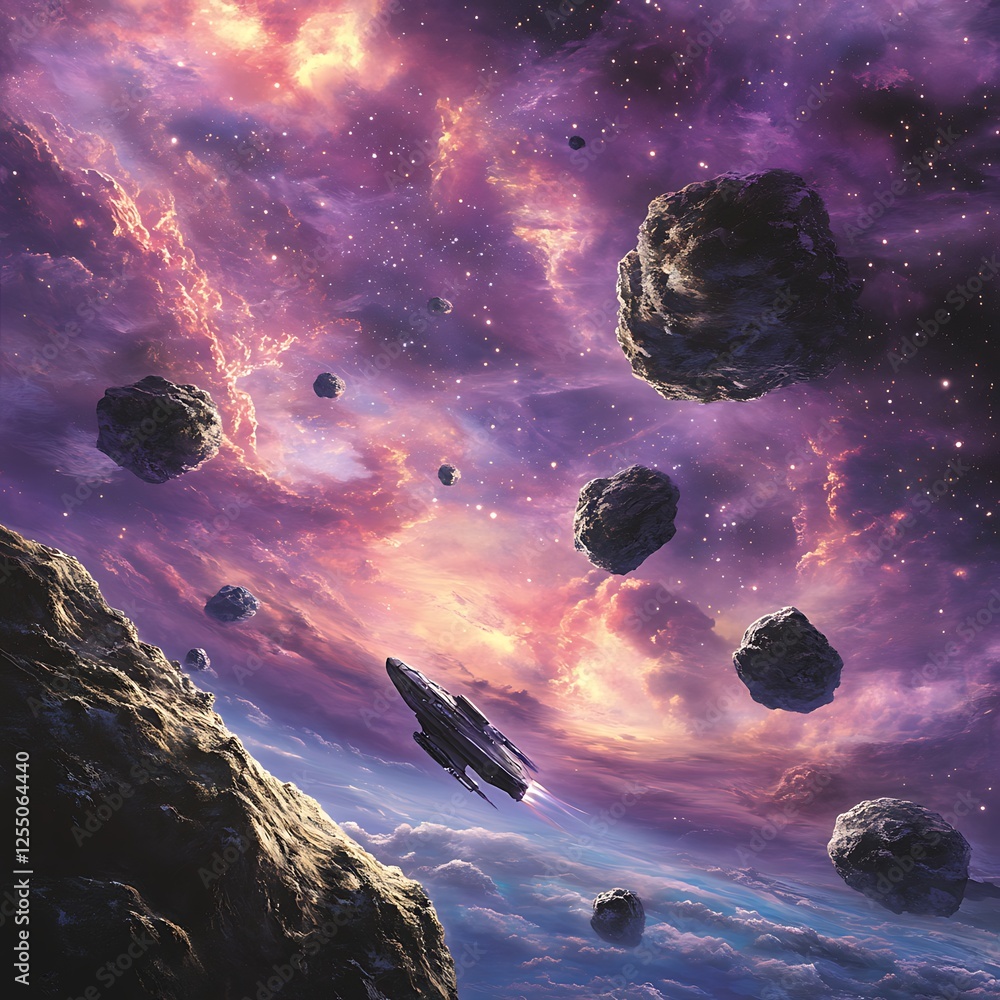 Poster spaceship gliding through asteroid belt in a nebula filled with stars adventure and exploration