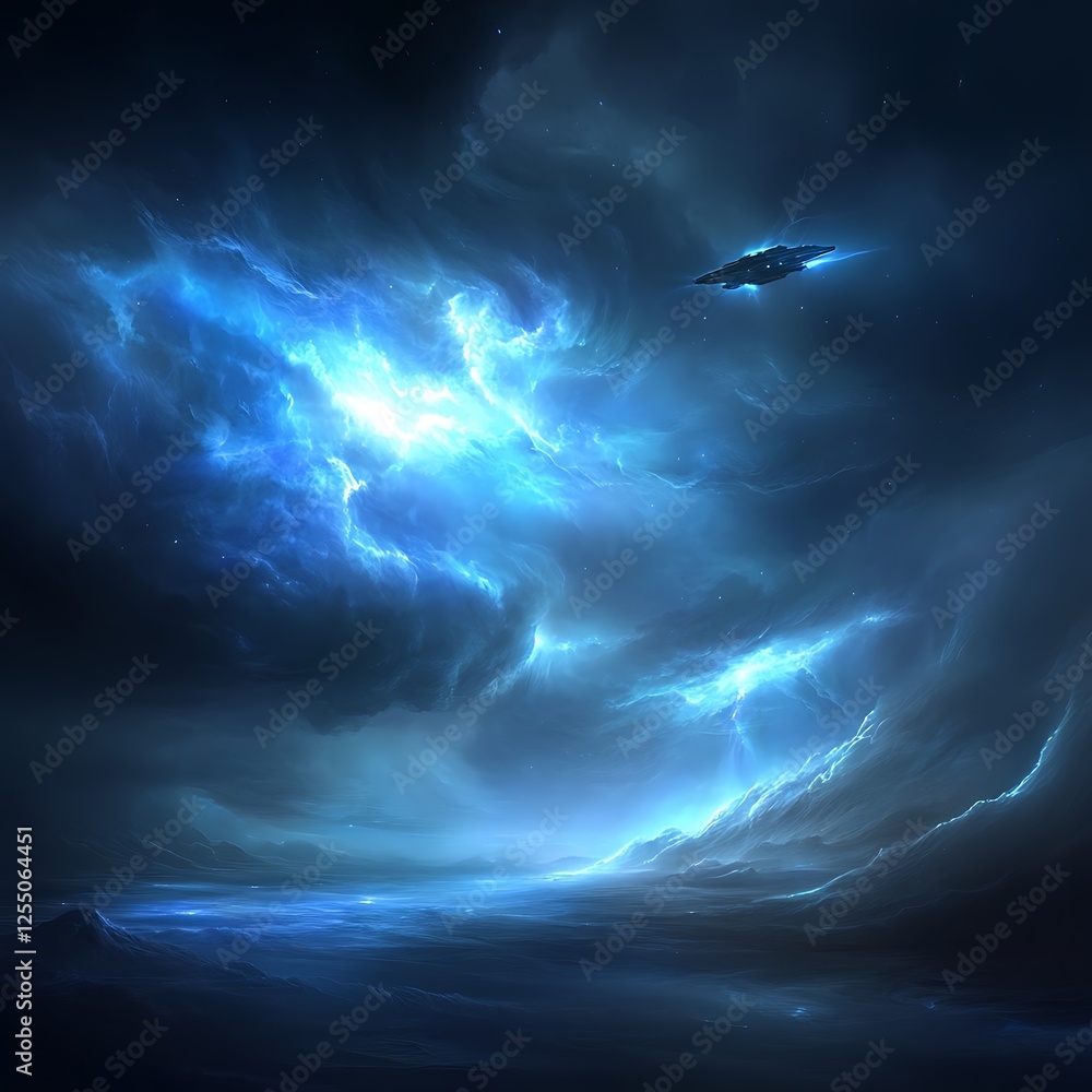 Poster spaceship journey through a celestial cloudscape exploration of interstellar realms and discovery