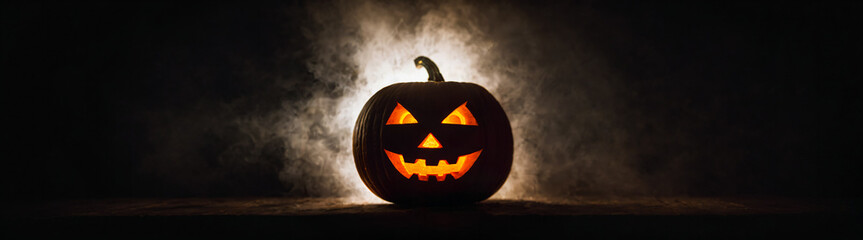 Ein gruseliger Halloween K&uuml;rbis im Nebel bei Nacht, Jack-O-Lantern, Copy Space