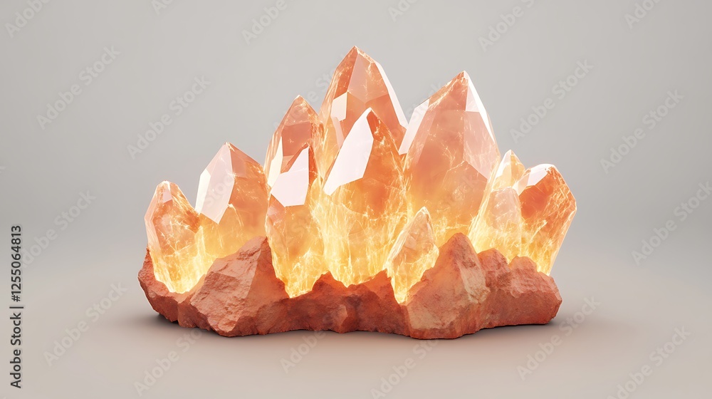 Poster sparkling cluster of orange and white crystals on a simple pale gray background in a 3d render