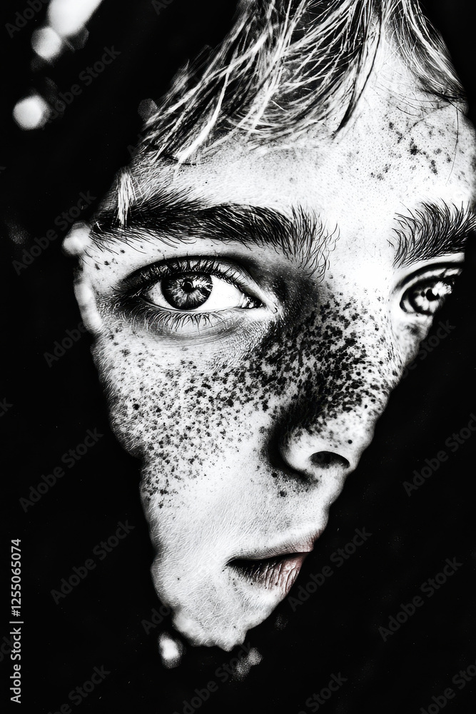 Poster exploring the depth of emotion: a captivating black and white portrait capturing the intense gaze an