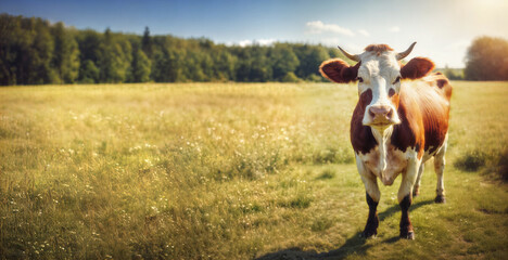 Eine braun wei&szlig;e Kuh / Milchkuh auf einer Wiese / Weide, Copy Space