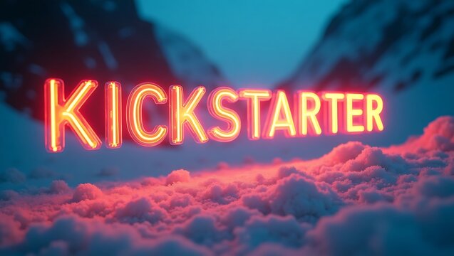 Kickstarter sign glowing in snow-covered mountains during dusk