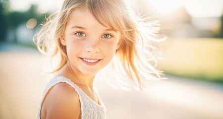 Ein h&uuml;bsches blondes l&auml;chelndes junges M&auml;dchen im Sonnenschein