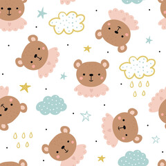 seamless pattern featuring adorable teddy bears, stars, clouds on a white background.