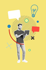 Sketch design trend artwork poster 3D photo collage of young man work laptop idea creative chatting occupation hr business human resources