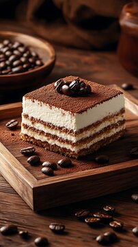 A slice of tiramisu on a wooden plate with a soft, warm background and coffee beans scattered around, with space available for promotional text