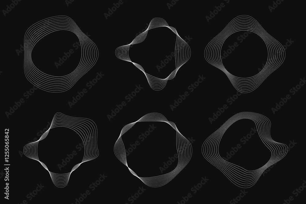 Poster set of round curved frames with dynamic wavy stripes