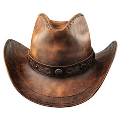 A rugged, weathered cowboy hat with intricate detailing and a decorative band, showcasing its classic Western style.