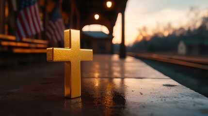 Golden cross on a train station platform.