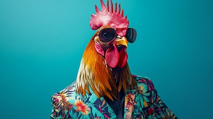 Rooster in Sunglasses and Hawaiian Shirt: A Tropical Fashion Icon