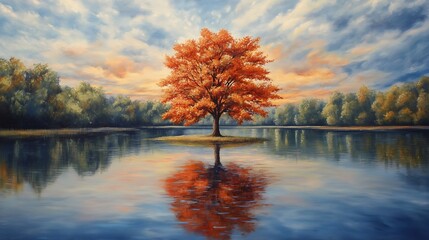 Solitary Autumn Tree Mirrored in Tranquil Lake