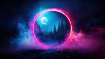 Pink And Blue Neon Circle In Misty Forest At Night