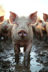 A Muddy Piglet Walks Towards The Camera