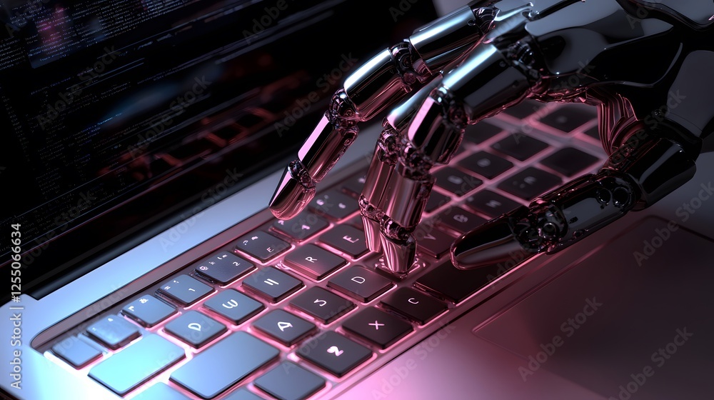 Aufkleber robotic hand typing code on a laptop computer
