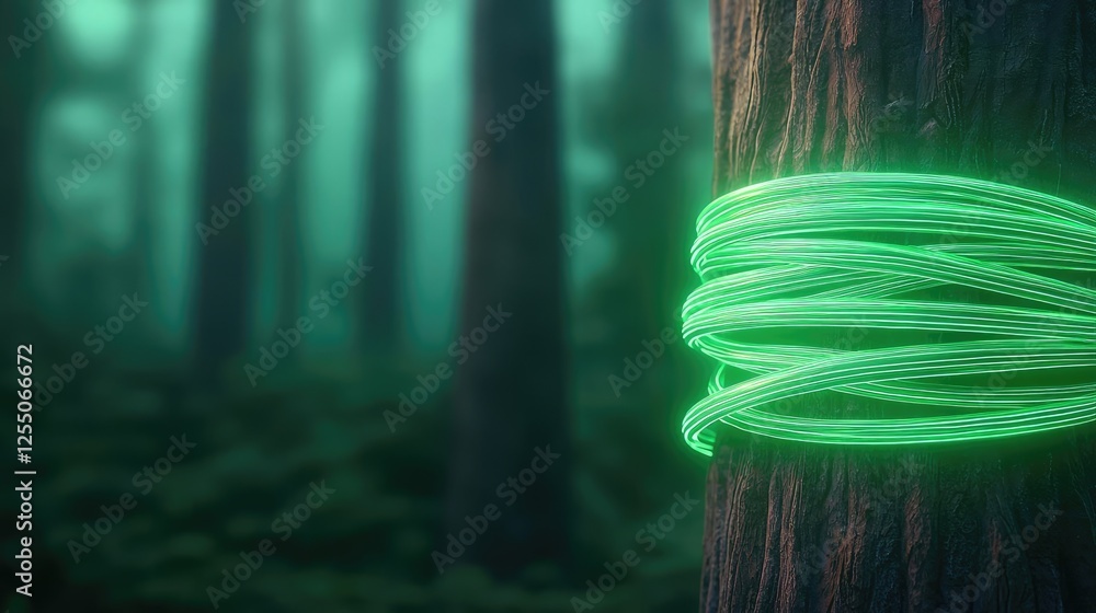Poster glow forest concept. a glowing green ribbon wraps around a tree trunk in a serene forest setting.