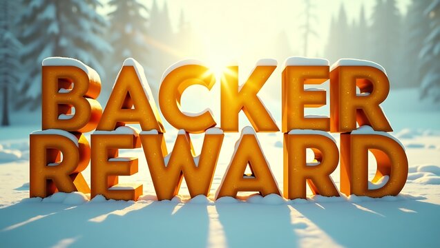 Snowy landscape with bold letters spelling backer reward at sunset