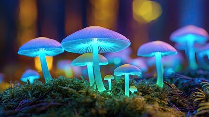Fototapeta premium Glow forest concept. Vibrant glowing mushrooms in a mystical forest setting, showcasing nature's beauty.