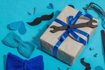Happy Fathers Day concept. Set of manual tools, tie, spare parts, traditional symbols