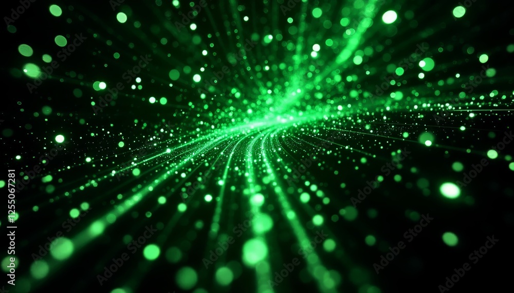 Poster emerald cascade, an abstract depiction of light streams and spherical bokeh