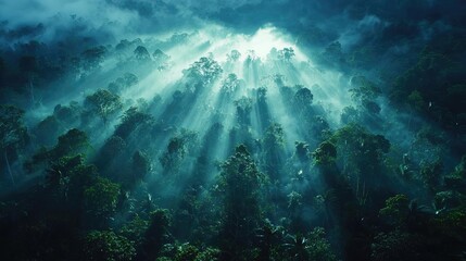 Fototapeta premium Glow forest concept. Majestic forest with sun rays piercing through misty canopy, showcasing nature's beauty.