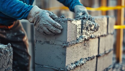 A construction worker skillfully applying mortar in masonry work on a concrete block wall
