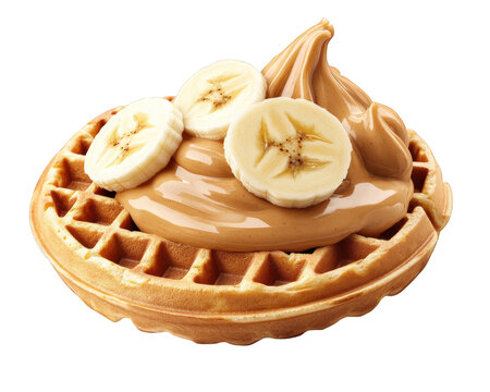 Naklejki Creamy peanut butter waffle topped with banana slices, delicious and indulgent. Perfect for breakfast or sweet treat