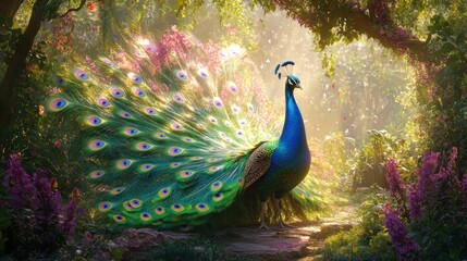 Obraz premium Majestic Peacock in Enchanting Blossom Garden