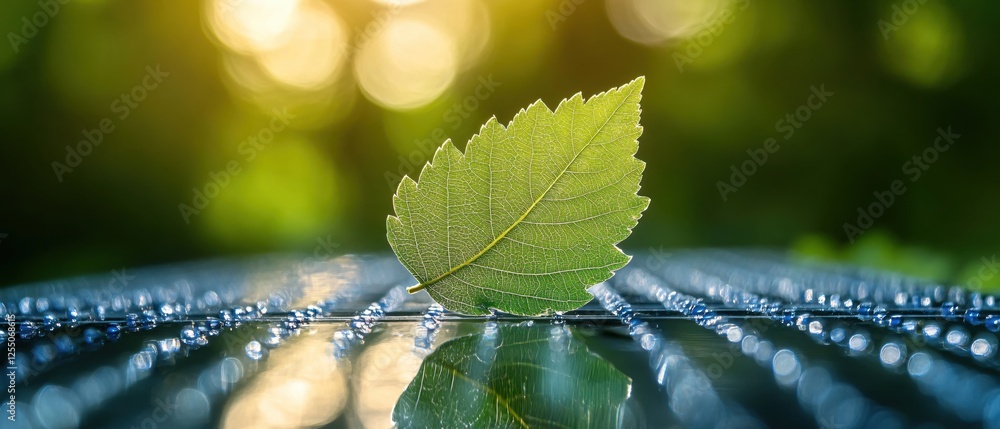 Poster fresh green leaf resting on a wet surface with bokeh background symbolizing nature and renewal