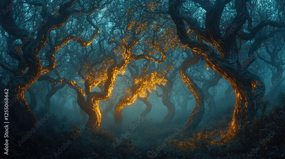 Poster glow forest concept. mystical forest illuminated by soft light, creating an enchanting and serene at