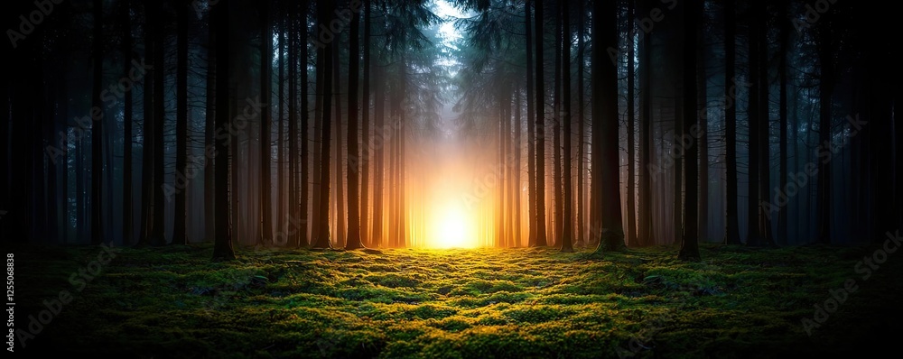 Aufkleber glow forest concept. a mystical forest at dusk illuminated by a warm glowing light creating a serene