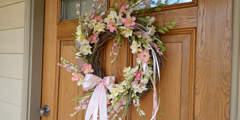 Fototapeta premium A festive spring wreath made of pastel flowers and ribbons, hanging on a wooden door