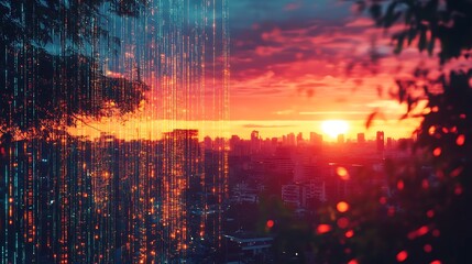 Fototapeta premium Digital Sunset Cityscape: A Stunning Blend of Nature and Technology