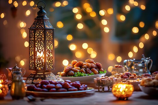 arranged iftar table with dates and blurry background