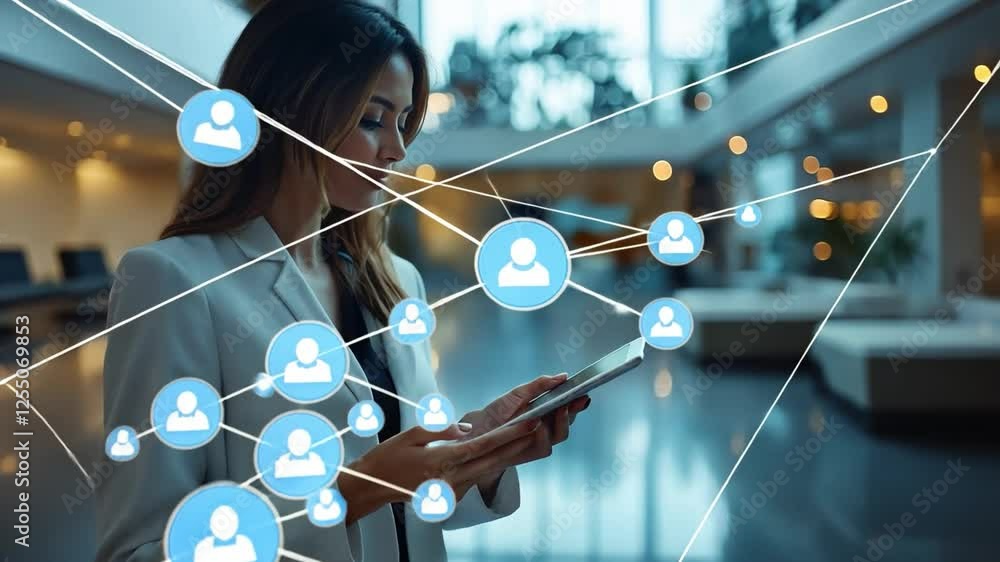 Poster network connection: a modern business professional navigates complex interconnected data with tablet