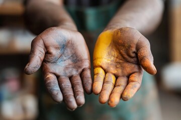 Fototapeta premium Artistic hands covered in paint show creativity through colorful expression and craftsmanship in a studio setting